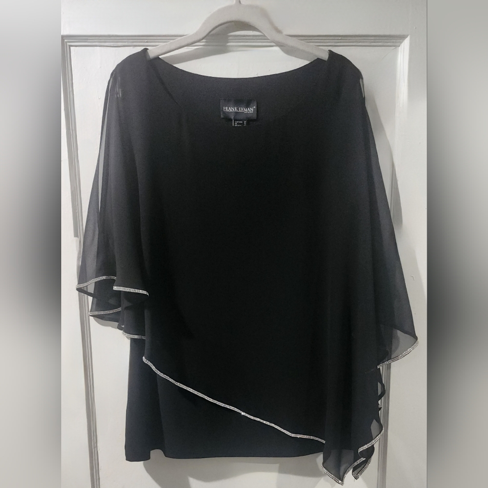 Frank Lyman Black Rhinestone Layered Chiffon Top Blouse Cold Shoulder | Size 14